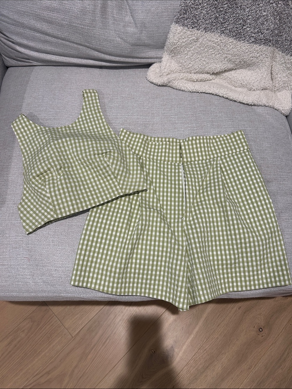 Zara Olive Green Gingham High-Waist Women's Shorts Set